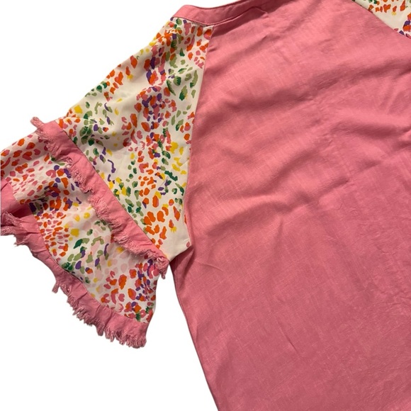 Umgee Blouse Womens 1XL Short Sleeve Pink Frayed Ruffled Cheetah Top Boho.   C42 - Picture 8 of 13
